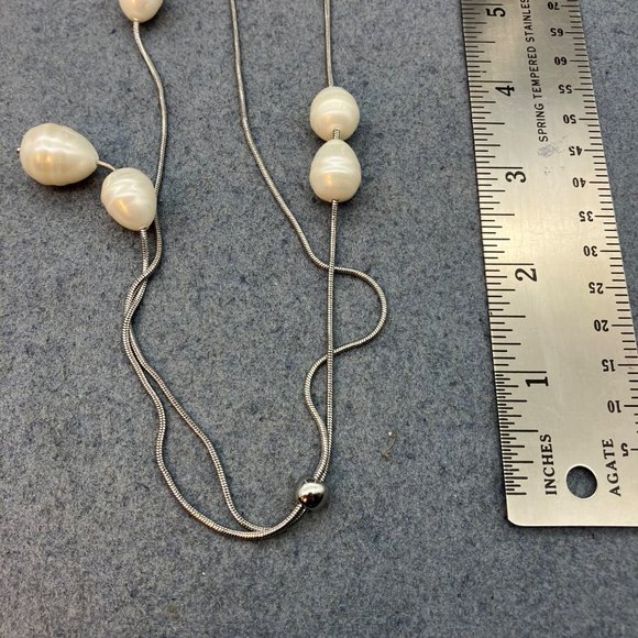 Chicos Y Drop Necklace NWT Bonus Bracelet Silver Organic Pearl Slinky Bangle - Picture 9 of 10